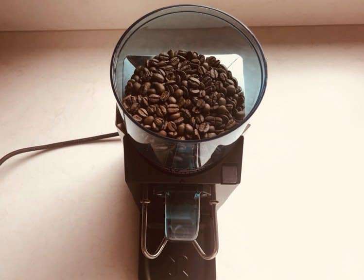 Coffee beans in hopper of Rancilio Rocky Grinder
